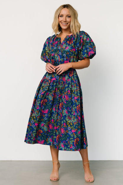 Karol Puff Sleeve Midi Dress | Blue Multi - Baltic Born