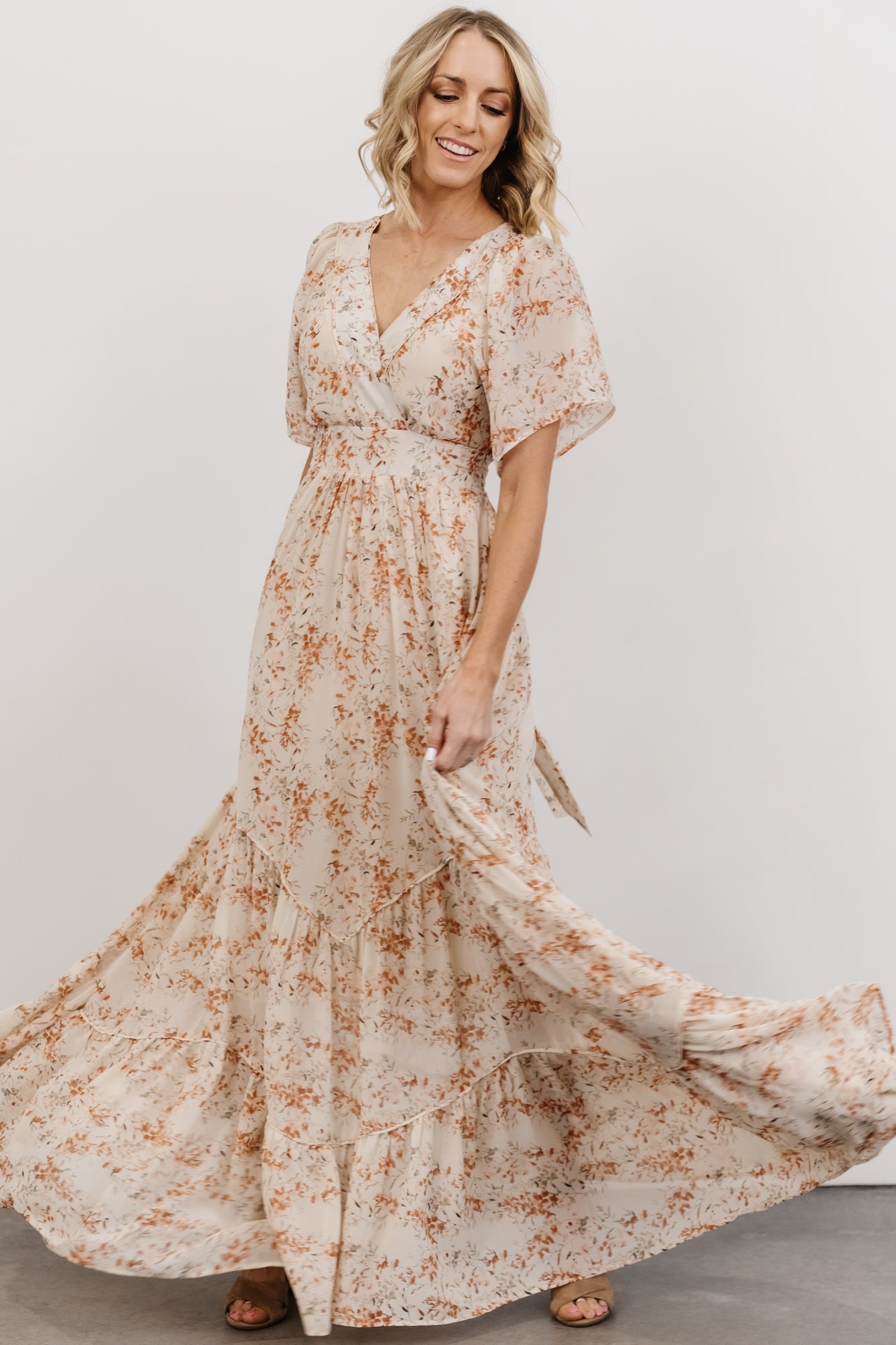 cream dress with red flowers Fayola Printed Maxi Dress in Cream with Red Watercolour Flower , Crew Neck