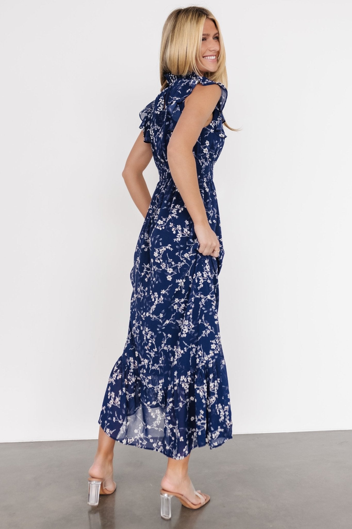 Kearny Ruffle Maxi Dress Blue Floral Maxi | Baltic Born L Kearny Ruffle Maxi Dress Blue Floral Maxi | Baltic Born L