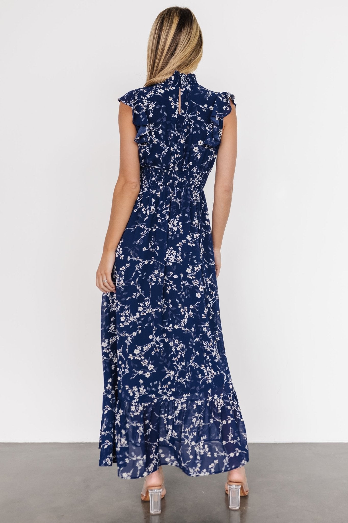 Kearny Ruffle Maxi Dress Blue Floral Maxi | Baltic Born L Kearny Ruffle Maxi Dress Blue Floral Maxi | Baltic Born L