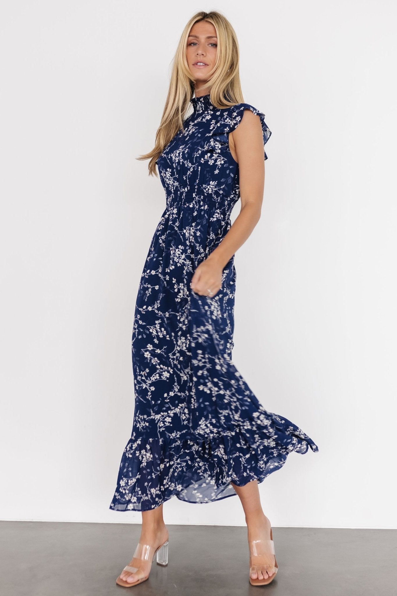 Midnight Blue Floral Print shops Ruffle Tiered Maxi Dress