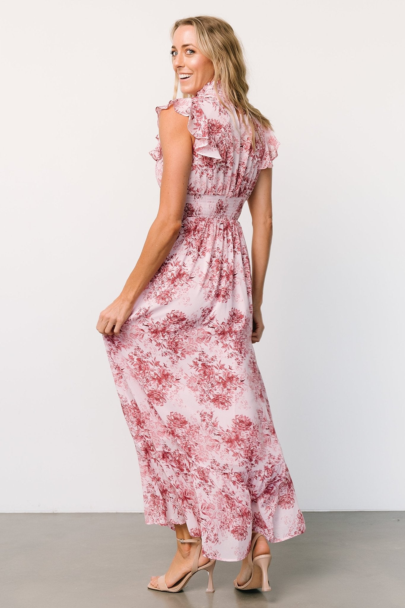 light pink dress with flowers Imogen Pink Floral Print Strapless Maxi Dress - US 12