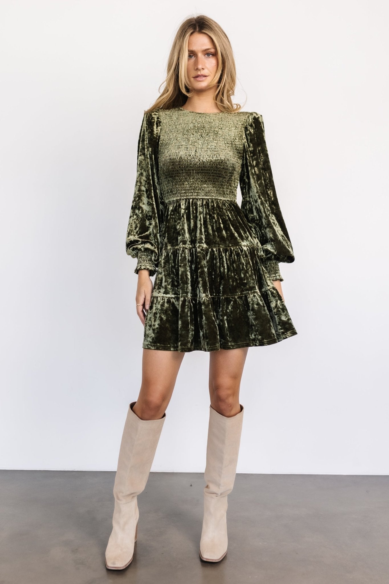 Kele Crushed Velvet Mini Dress | Dark Olive - Baltic Born