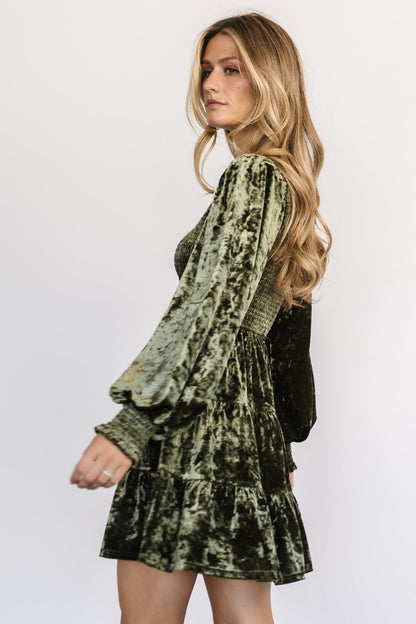 Kele Crushed Velvet Mini Dress | Dark Olive - Baltic Born