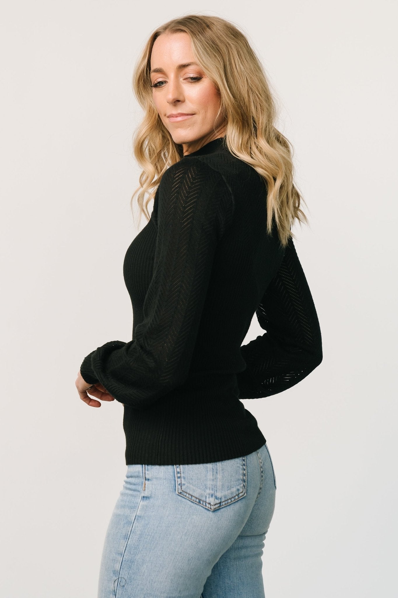 Kenzie Pointelle Sweater Top | Black - Baltic Born