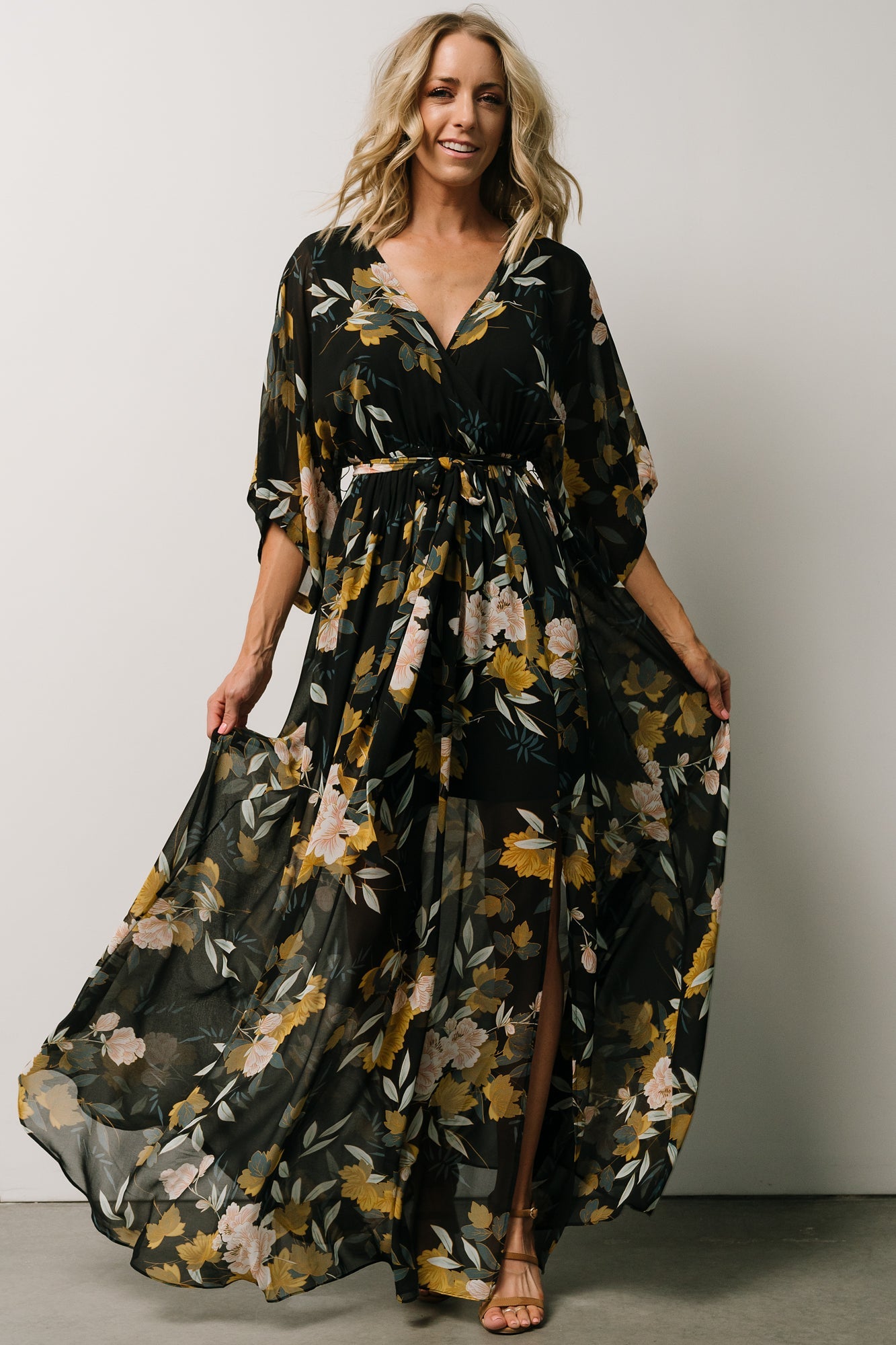 Baltic Born Womens Kia Kimono Maxi Dress | Midnight Floral | Color: Black Floral | Size: Small Baltic Born Womens Kia Kimono Maxi Dress | Midnight Floral | Color: Black Floral | Size: Small