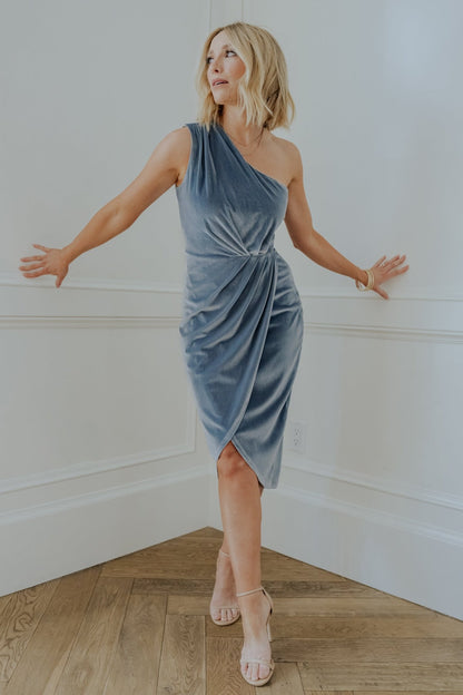 Kourtney Velvet One Shoulder Midi Dress | Dusty Blue - Baltic Born