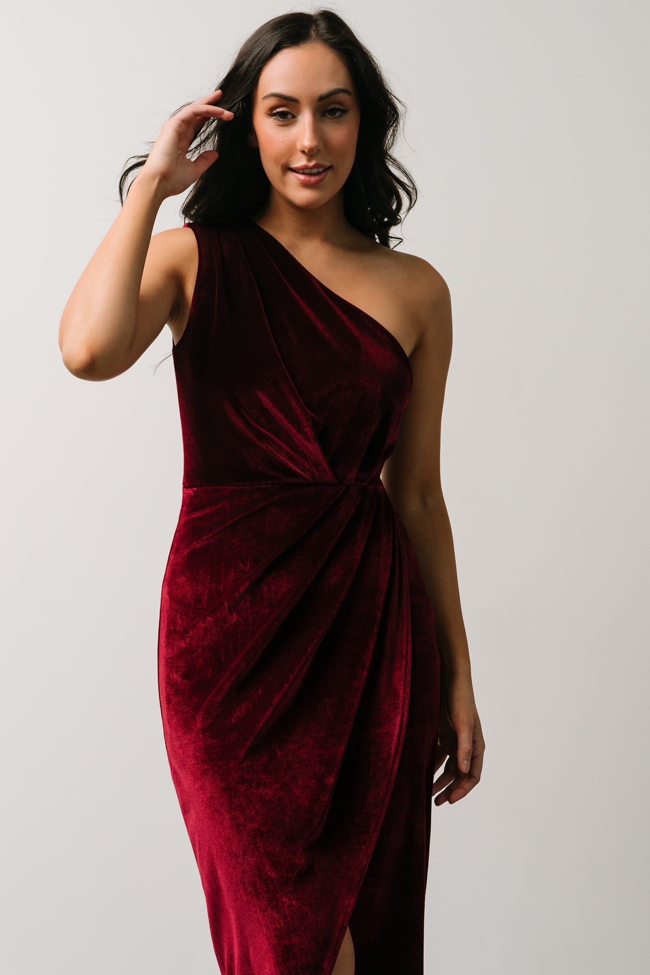 Kourtney Velvet One Shoulder Midi Dress | Merlot - Baltic Born