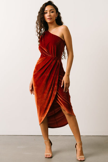 Kourtney Velvet One Shoulder Midi Dress | Rust - Baltic Born