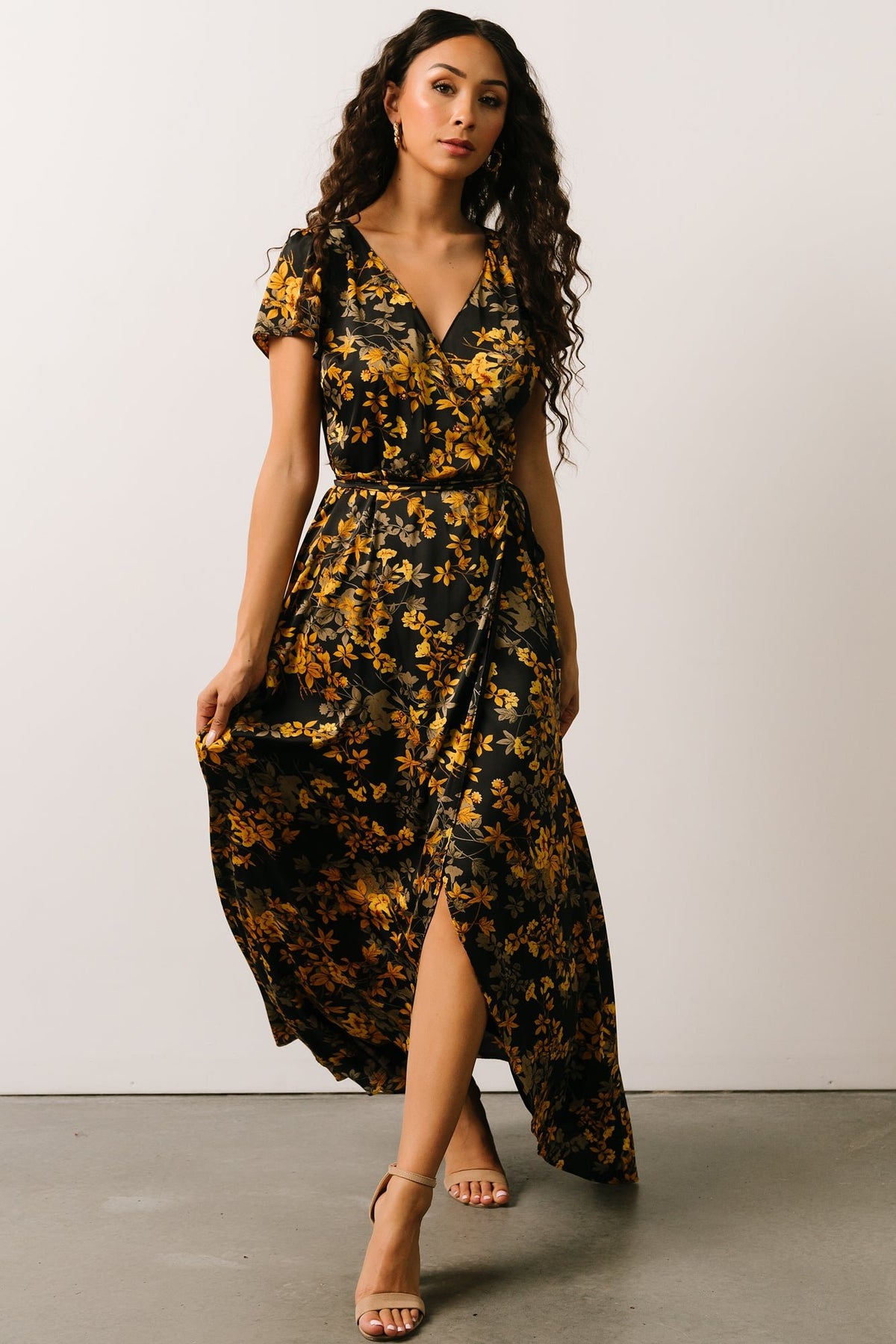 Floral satin wrap outlet dress