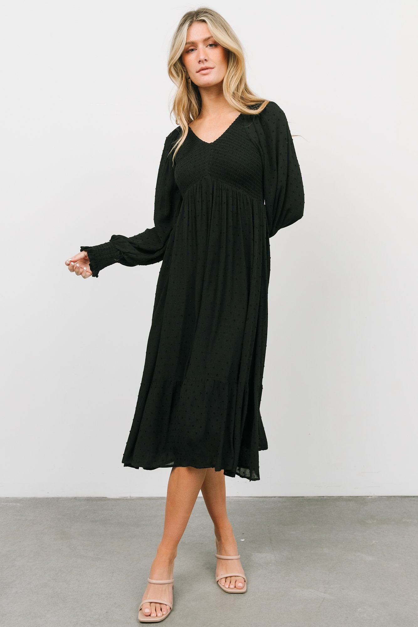 Lainey Smocked Dotted Midi Dress | Mulberry