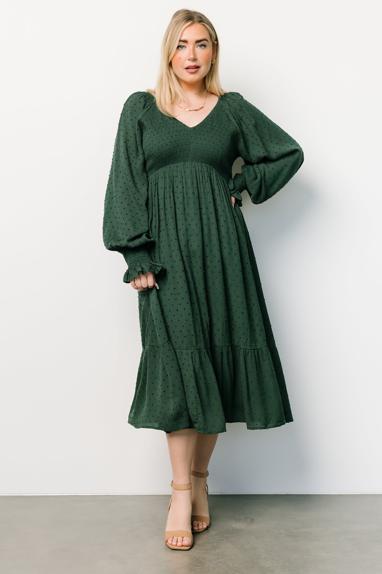 Lainey Smocked Dotted Midi Dress | Evergreen | Baltic Born