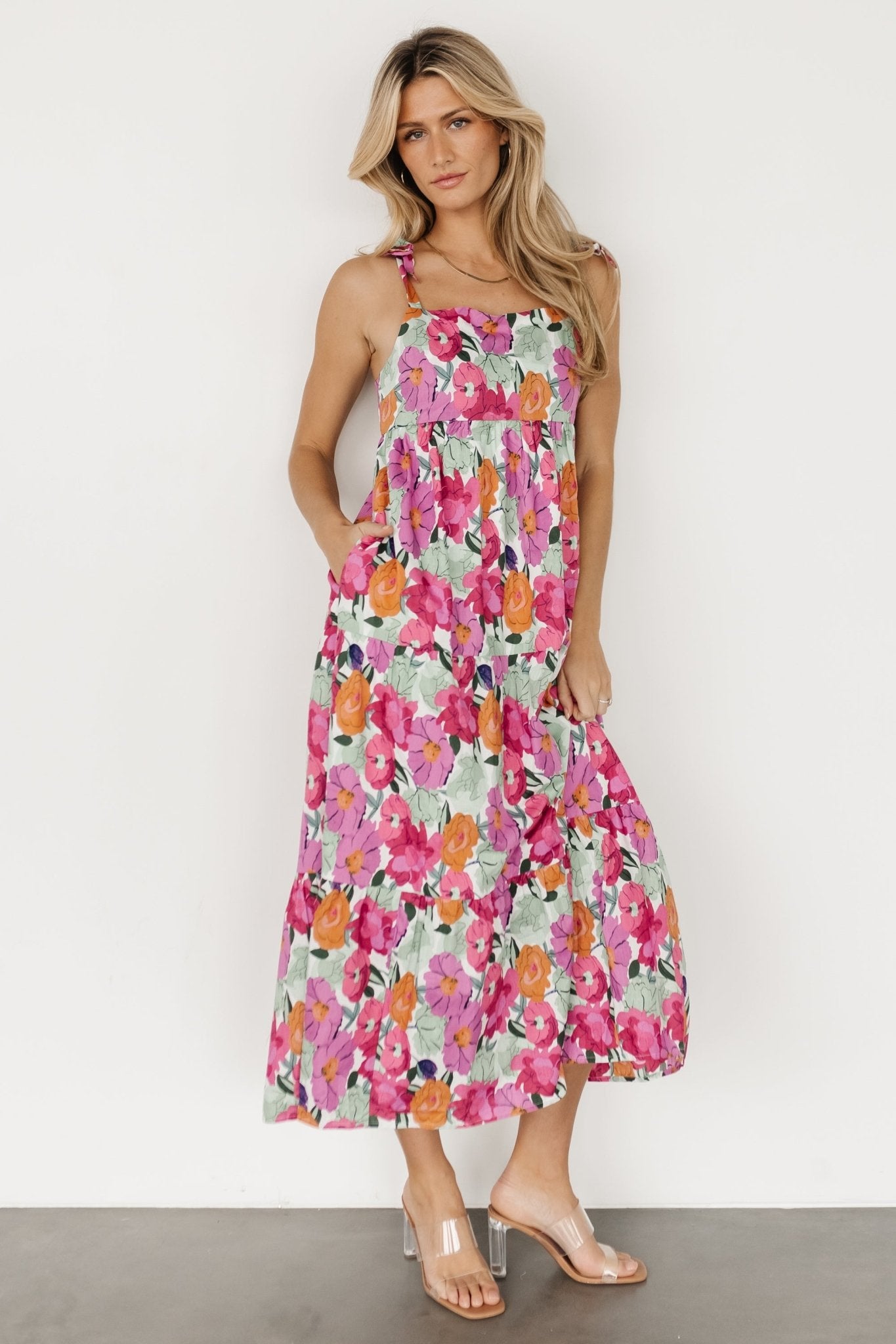 pink multi color dress Light Pink Floral Embroidered Eyelet Dress - Midi Dresses