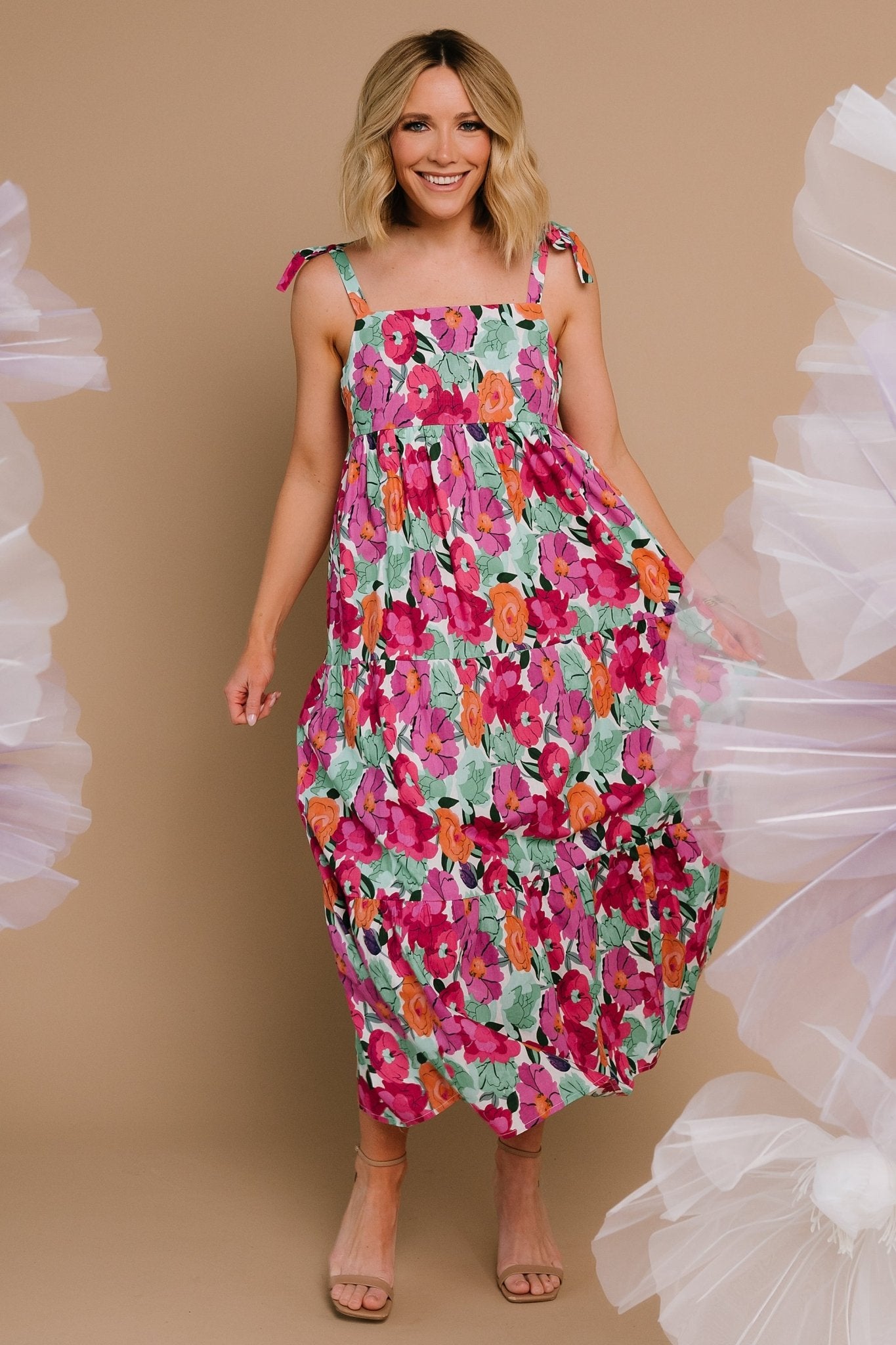pink multi dress Brunch Date Mixed Media Floral Tiered Midi Dress - Pink Multi