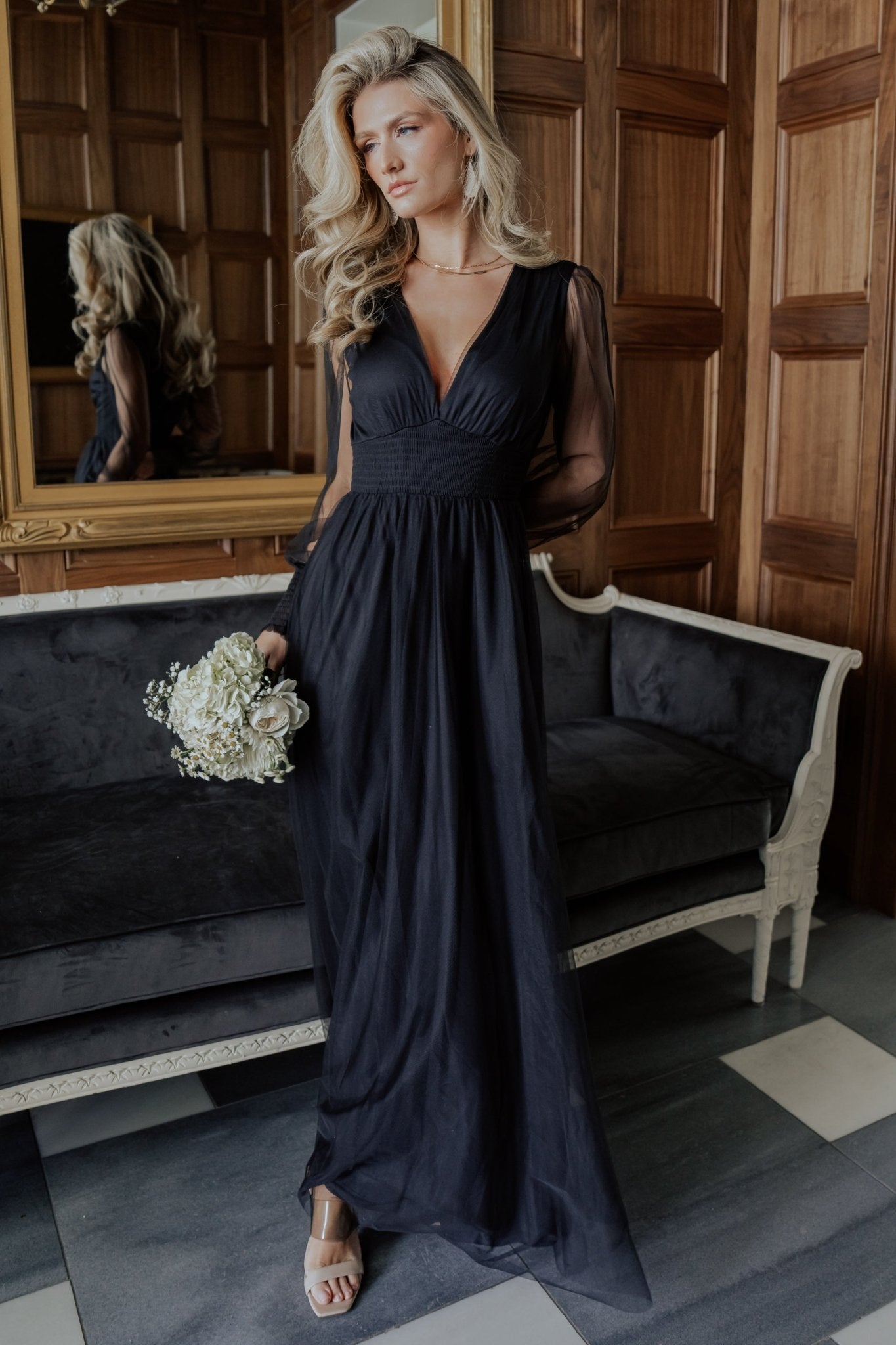 Layla Tulle Maxi Dress — Black V-Neck Gown