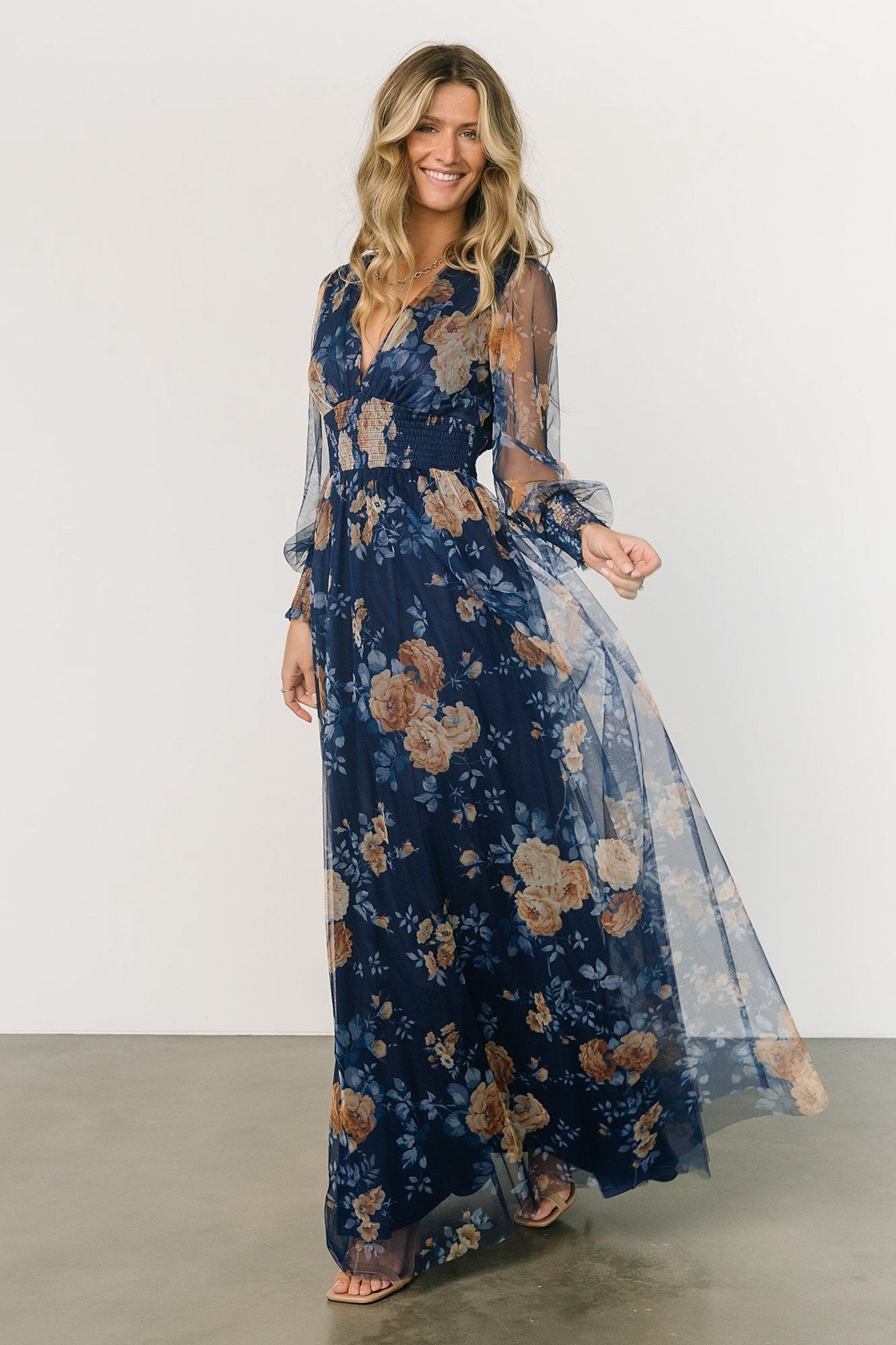 Layla Tulle Maxi Dress | Blue + Golden Floral - Baltic Born