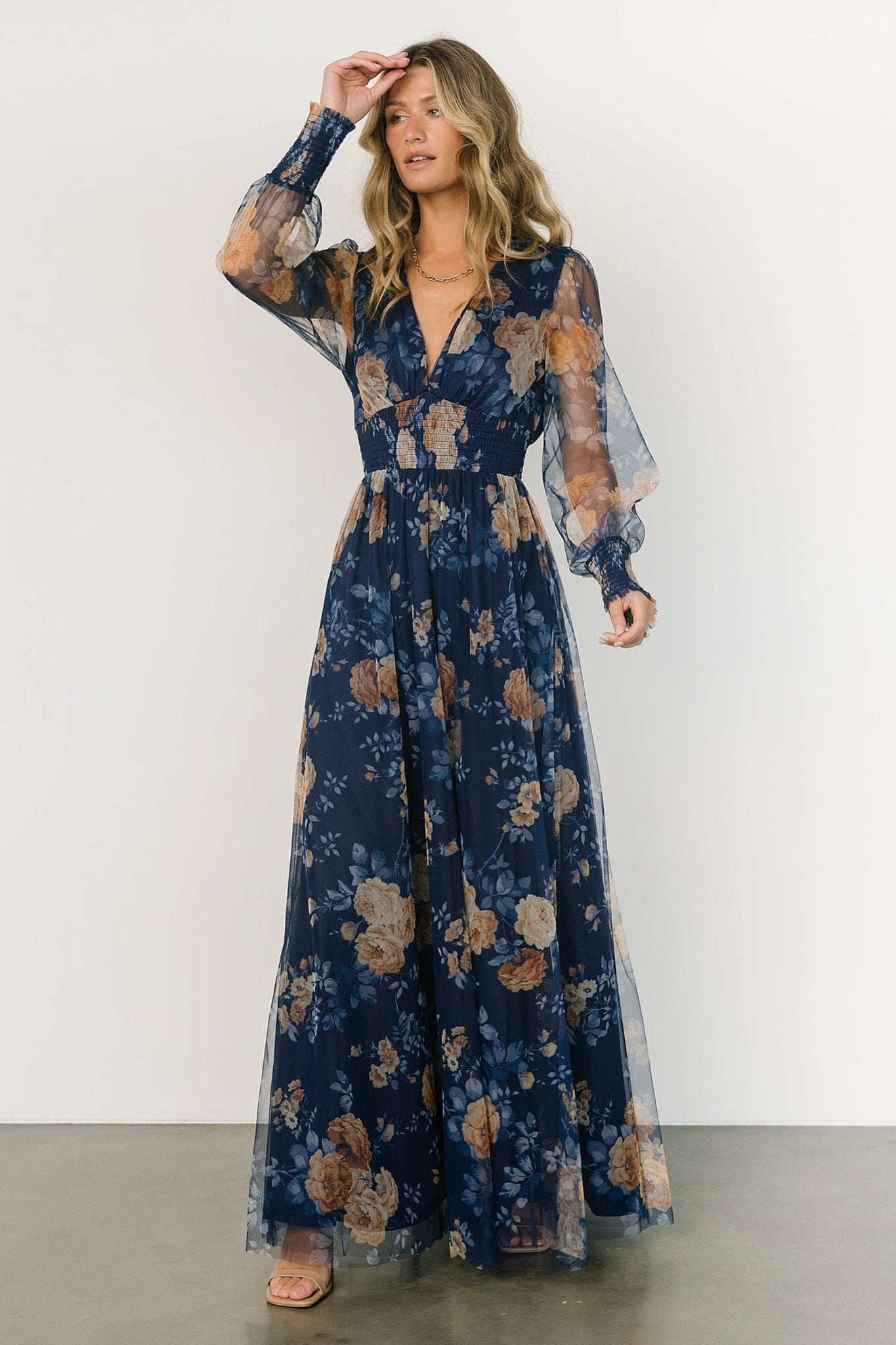 Layla Tulle Maxi Dress | Blue + Golden Floral - Baltic Born