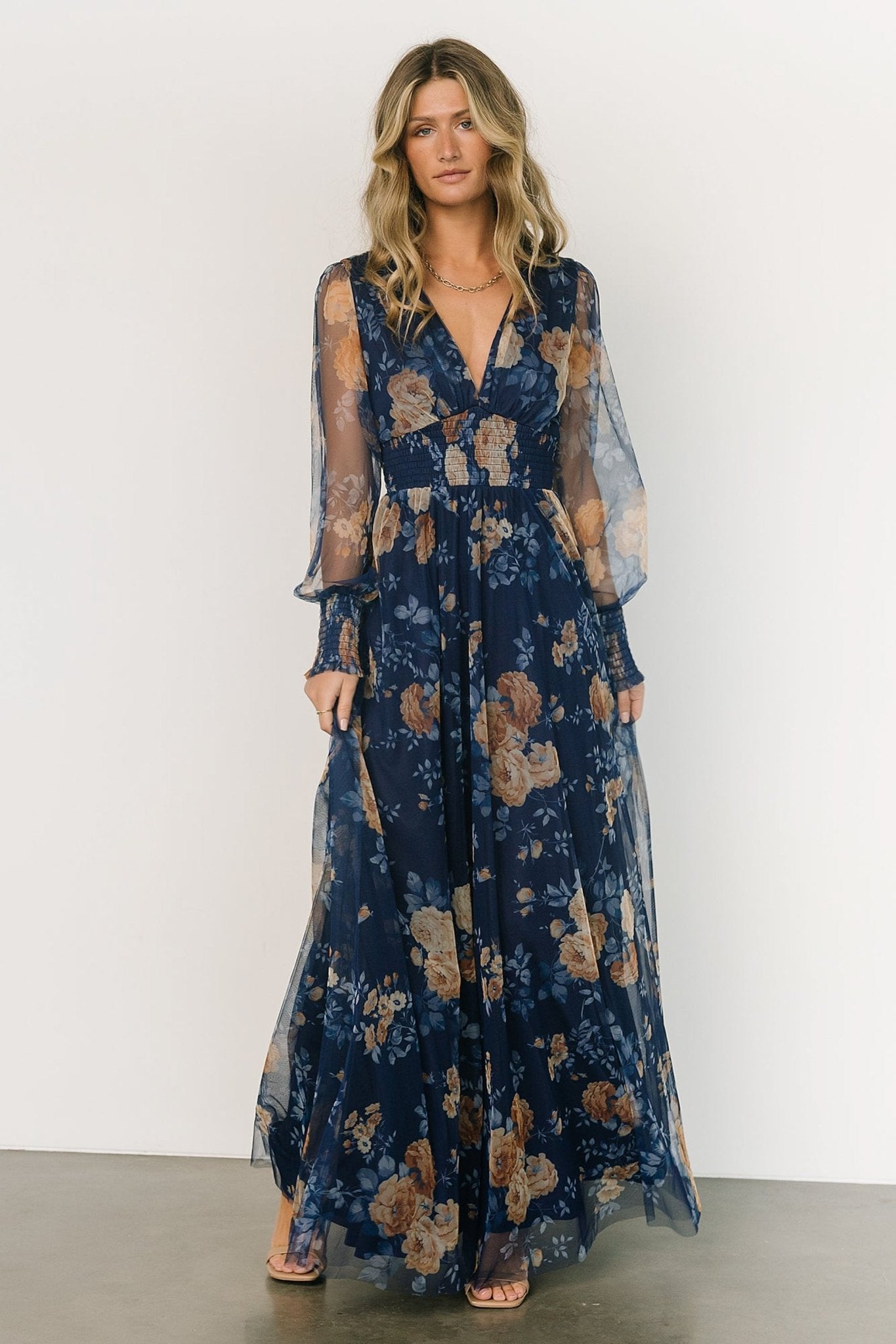 Layla Tulle Maxi Dress | Blue + Golden Floral - Baltic Born