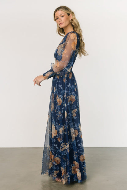 Layla Tulle Maxi Dress | Blue + Golden Floral - Baltic Born