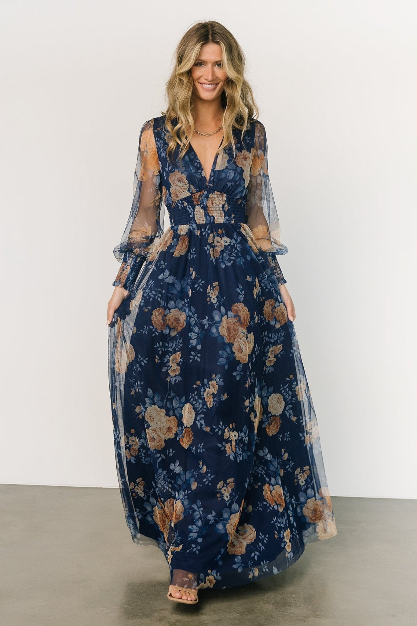 Layla Tulle Maxi Dress | Blue + Golden Floral - Baltic Born