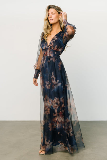 Layla Tulle Maxi Dress | Dark Blue Floral - Baltic Born