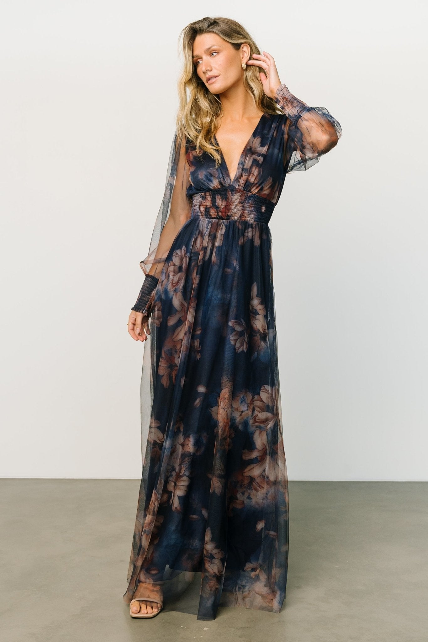 Layla Tulle Maxi Dress | Dark Blue Floral | Baltic Born