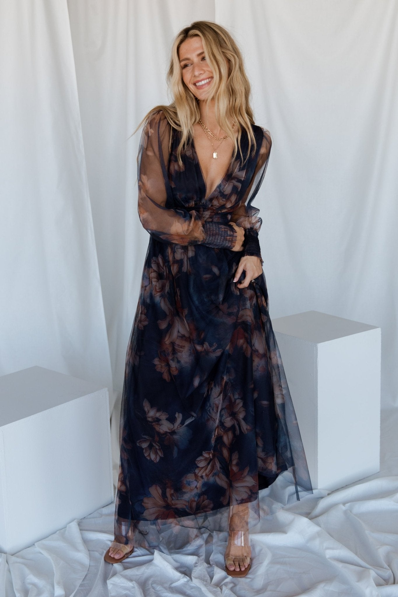 Layla Tulle Maxi Dress | Dark Blue Floral - Baltic Born