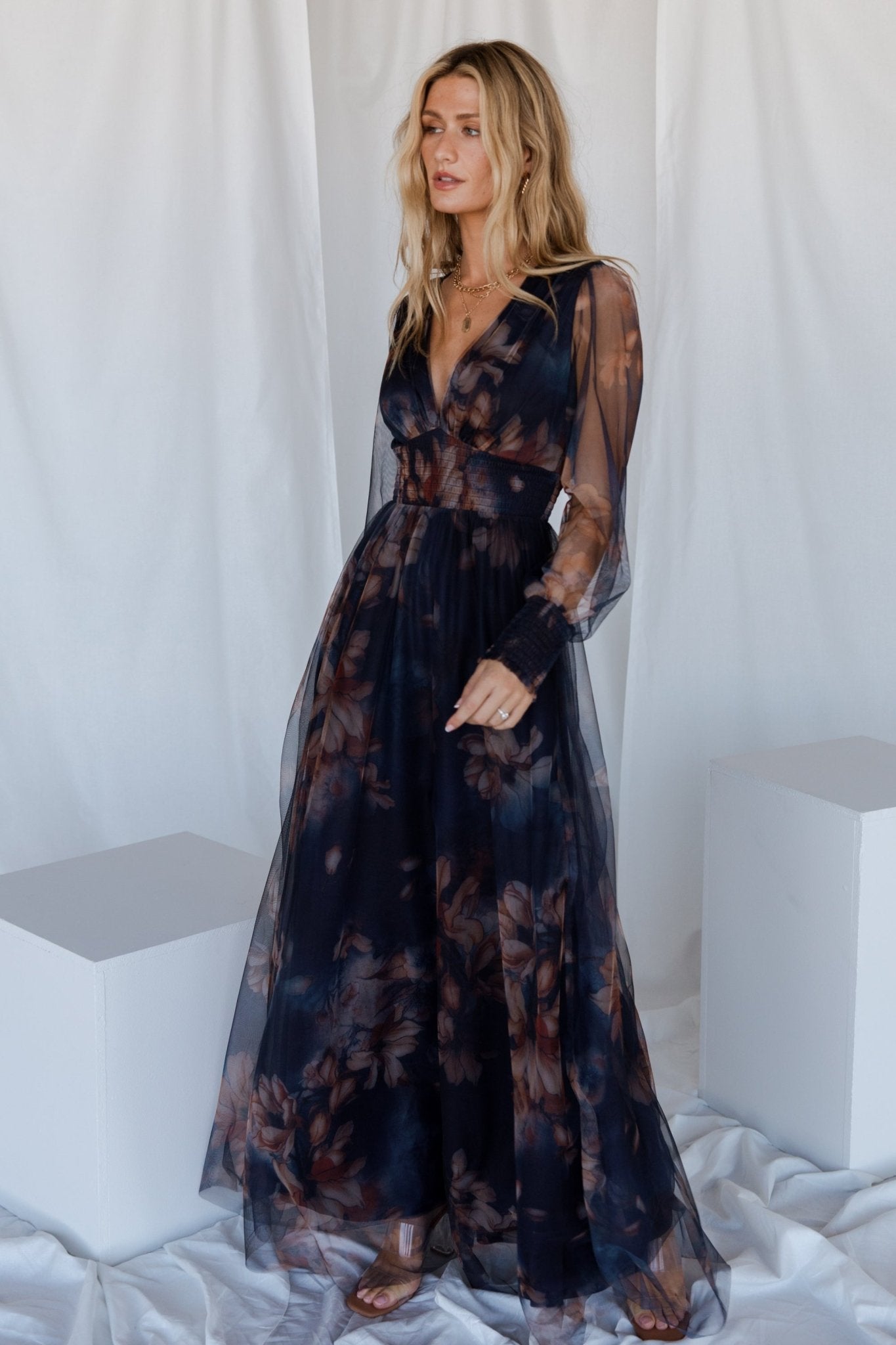 Layla Tulle Maxi Dress | Dark Blue Floral - Baltic Born