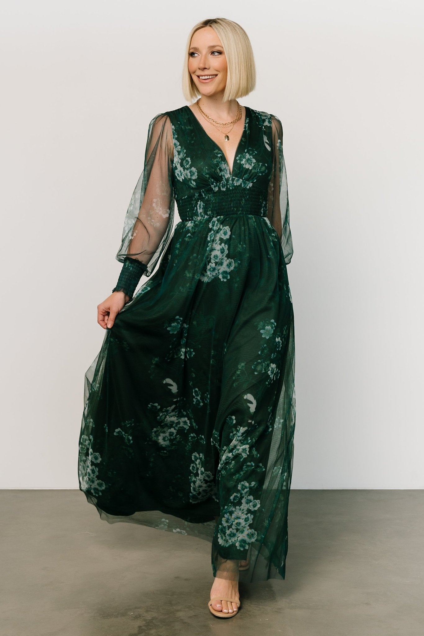 Detail shot of sleeve and cuff on Layla Tulle Maxi Dress in Dark Green Multi emphasizing smocked cuff, sheer tulle sleeve, and floral print close-up.