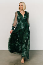 Detail shot of sleeve and cuff on Layla Tulle Maxi Dress in Dark Green Multi emphasizing smocked cuff, sheer tulle sleeve, and floral print close-up.