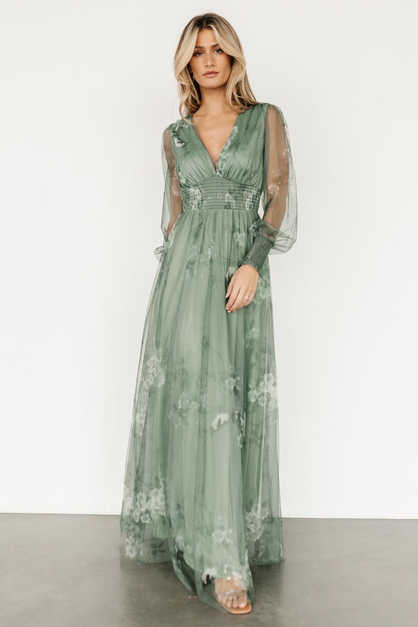 Layla Tulle Maxi Dress | Dusty Green Floral - Baltic Born