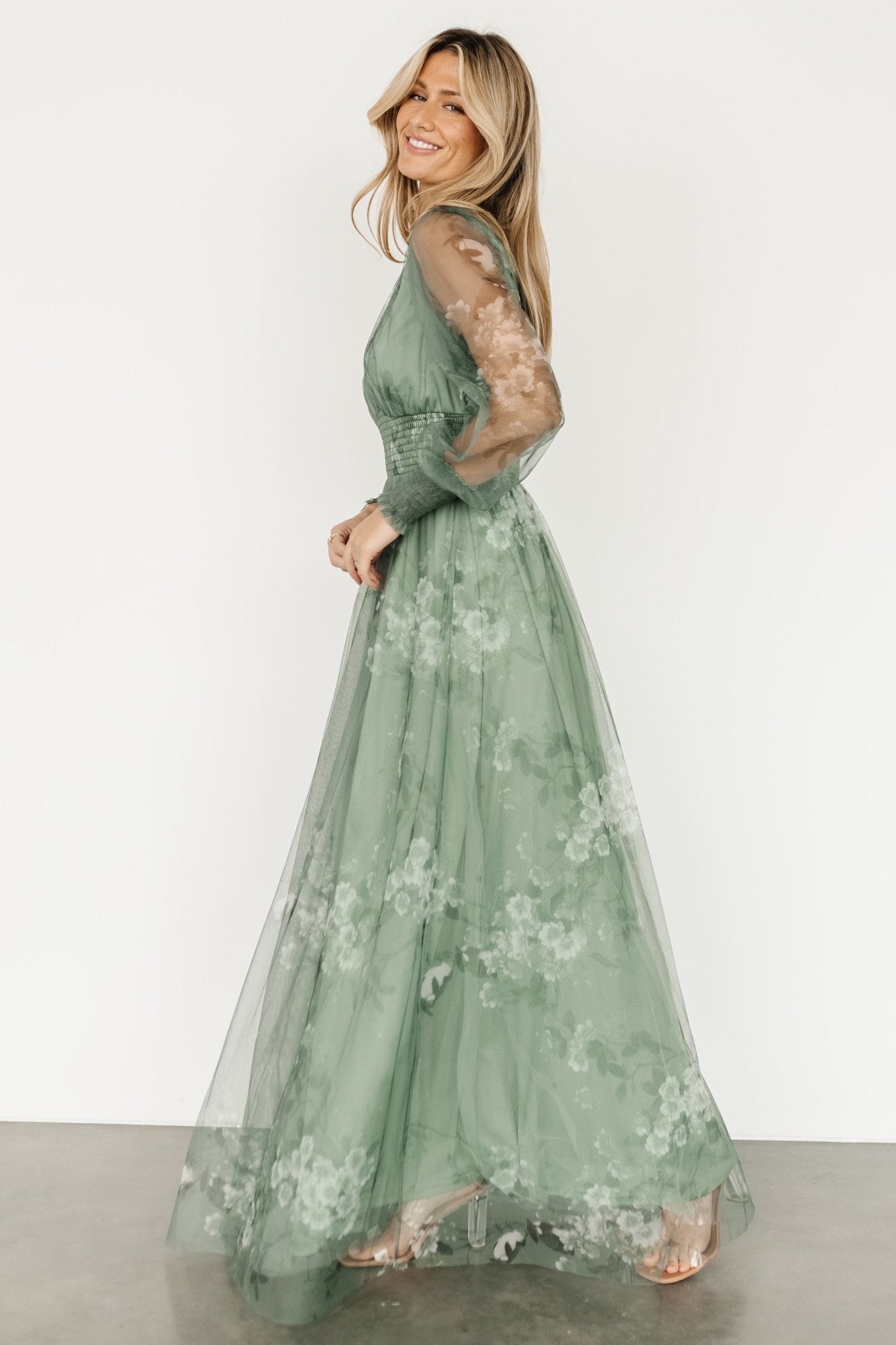 Layla Tulle Maxi Dress | Dusty Green Floral - Baltic Born