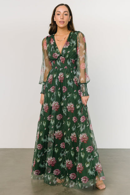 Layla Tulle Maxi Dress | Green + Pink Floral - Baltic Born