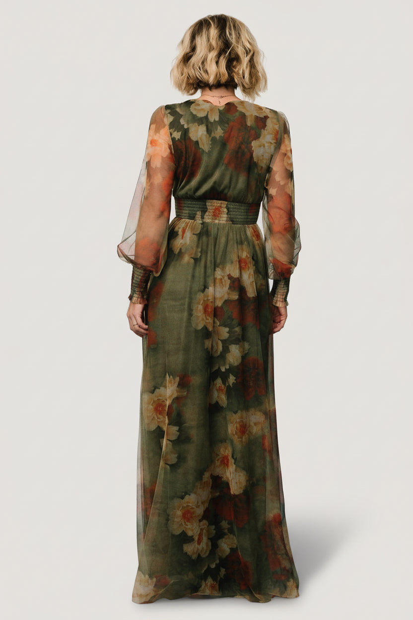 Layla Tulle Maxi Dress - Olive + Rust Floral