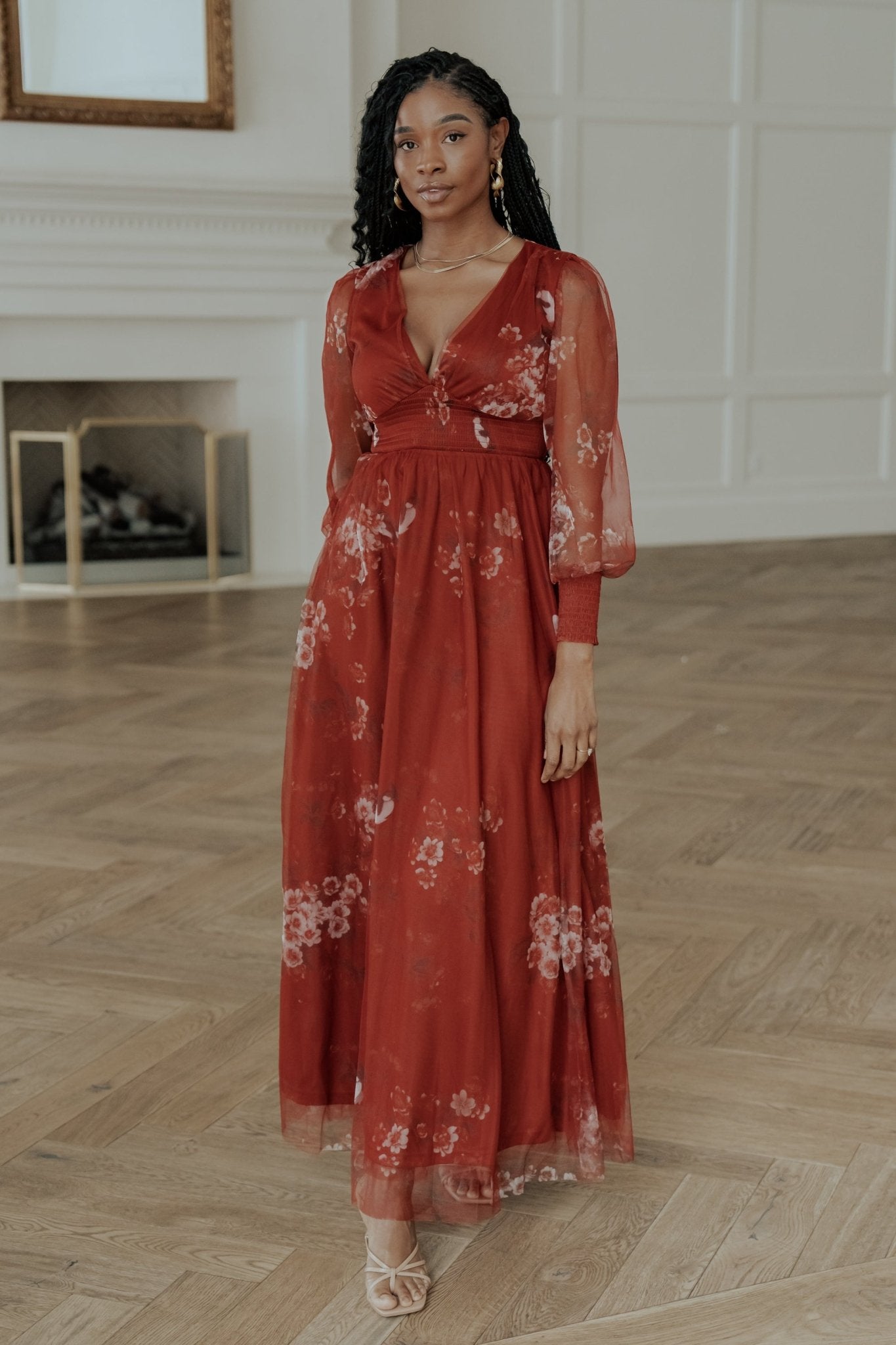 Layla Tulle Maxi Dress - Rust Floral Maxi