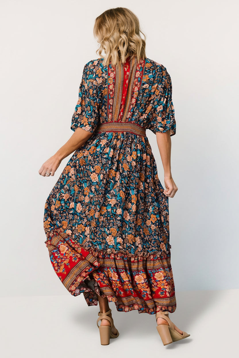 Louisana Midi Dress in Navy Multi Print