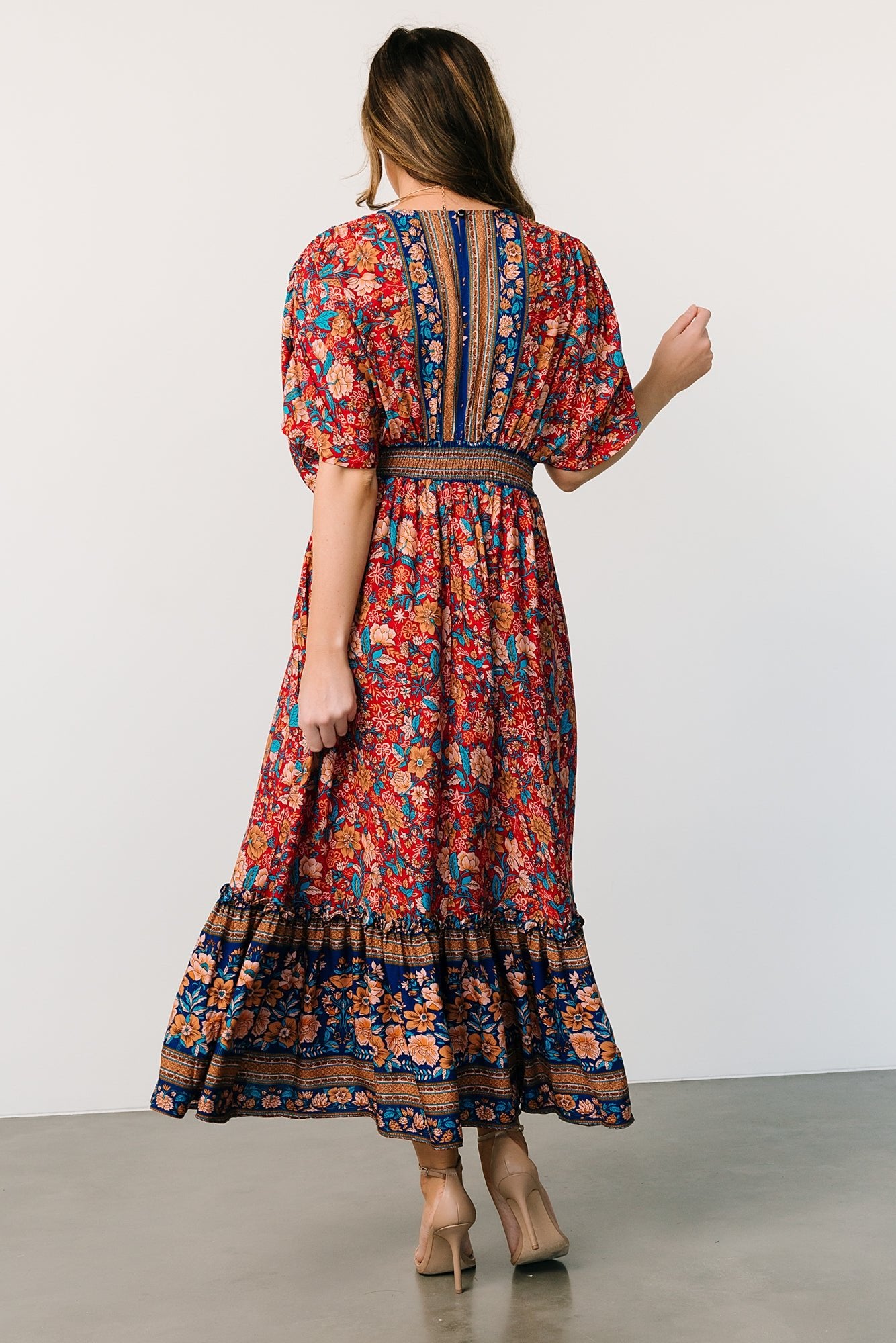 Alonic Fab Navy Blue & White Leaf Print Midi Dress with Belt and Flutter Sleeves main image 1