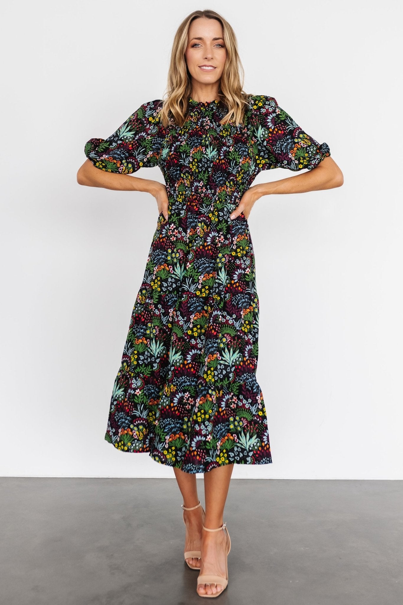 Lena Tiered Midi Dress | Black Multi Floral - Baltic Born