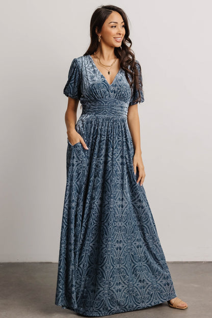 Leslie Embossed Velvet Maxi | Blue - Baltic Born