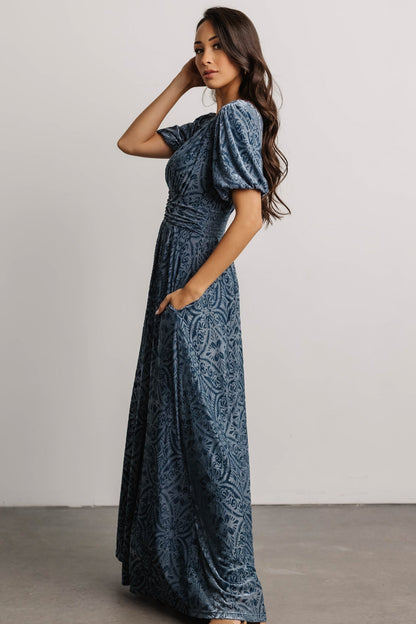 Leslie Embossed Velvet Maxi | Blue - Baltic Born