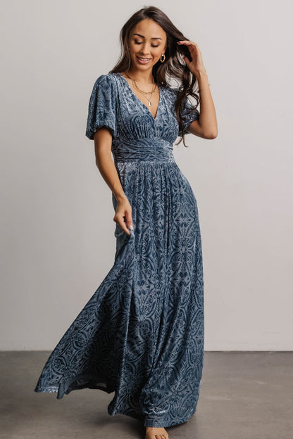 Leslie Embossed Velvet Maxi | Blue - Baltic Born