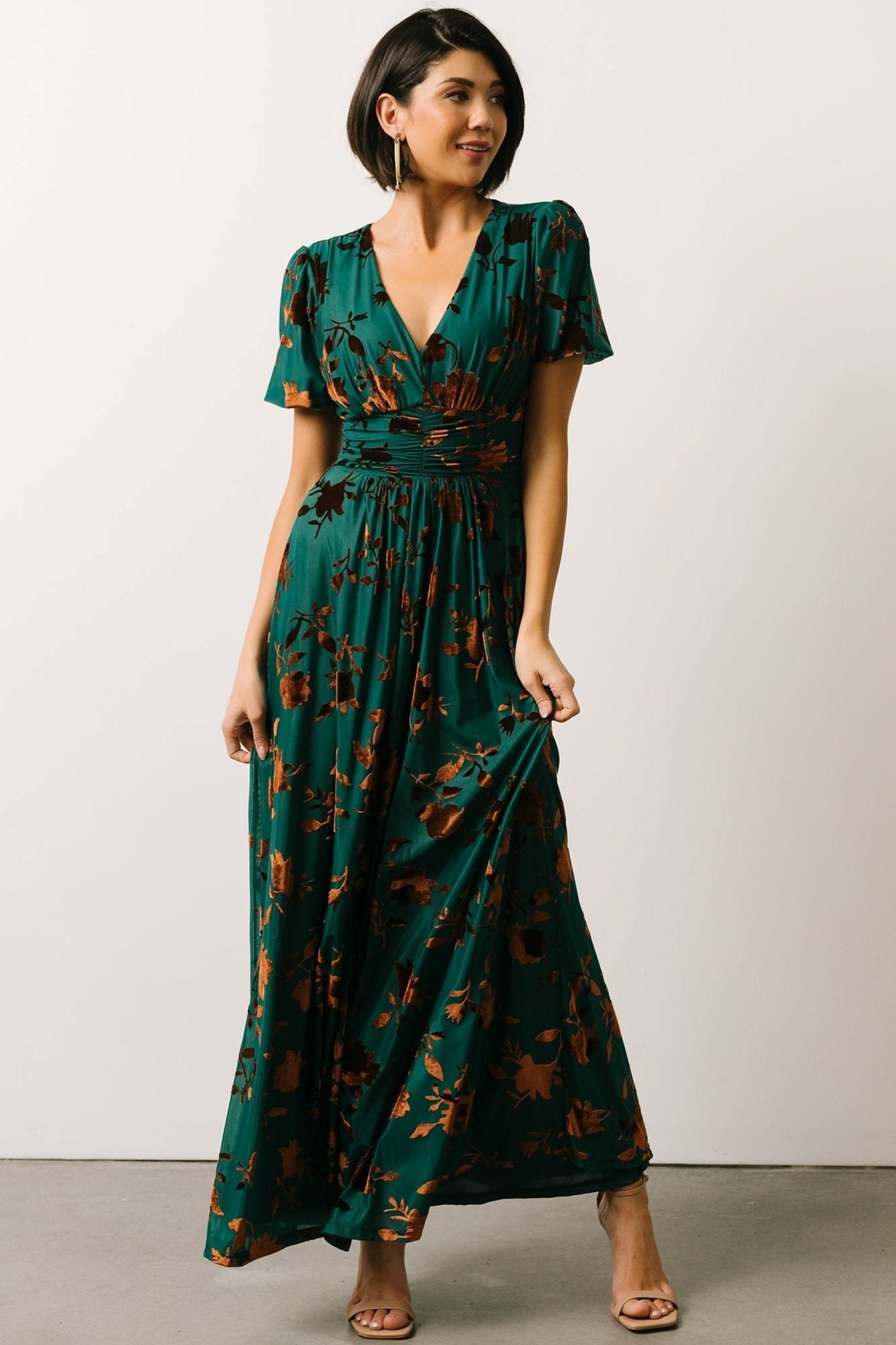 Baltic Born Womens Leslie Velvet Maxi Dress | Bronze + Jade | Size: 1XL Baltic Born Womens Leslie Velvet Maxi Dress | Bronze + Jade | Size: 1XL