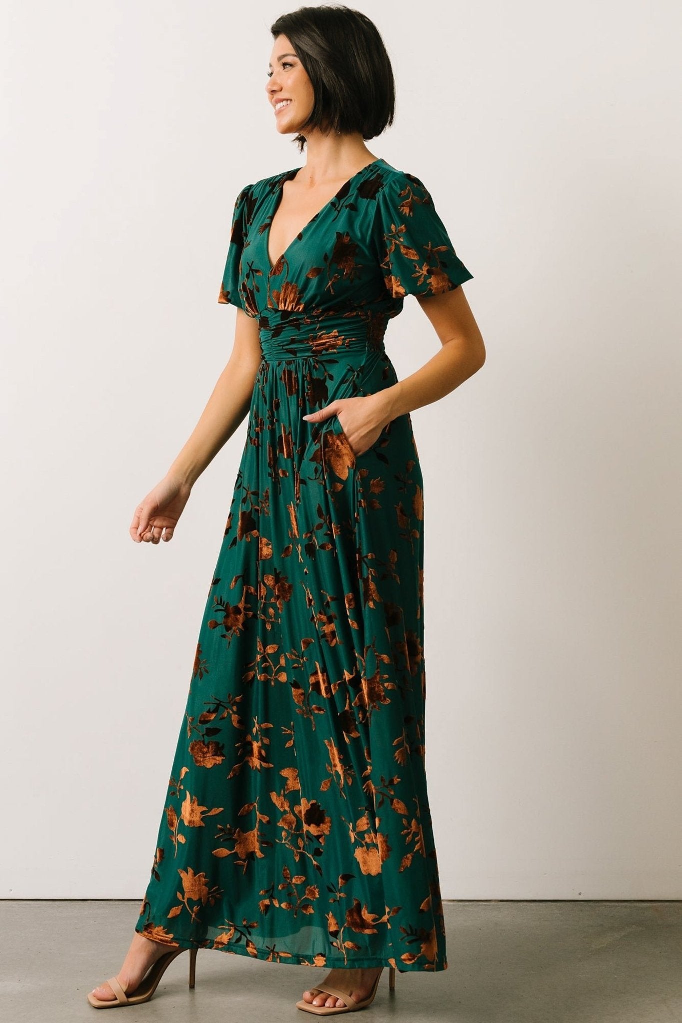 Leslie Velvet Maxi Dress | Bronze + Jade - Baltic Born