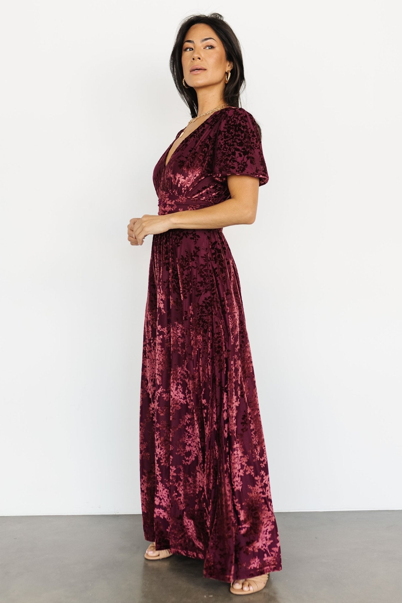 Studio shot of the Mulberry floral velvet maxi dress on a mannequin highlighting silhouette, hemline and fabric texture.