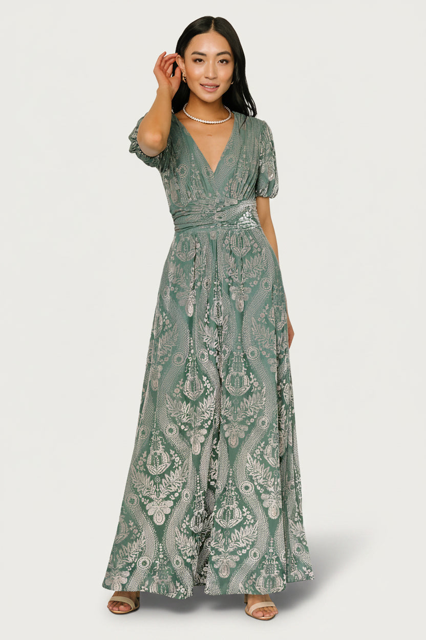 Baltic Born Womens Leslie Velvet Maxi Dress | Sage + Silver | Size: XL Baltic Born Womens Leslie Velvet Maxi Dress | Sage + Silver | Size: XL