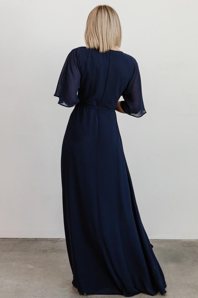 NWT Free People Metallic good Navy Blue Wrap Maxi Dress Tie Sleeves Womens Size M