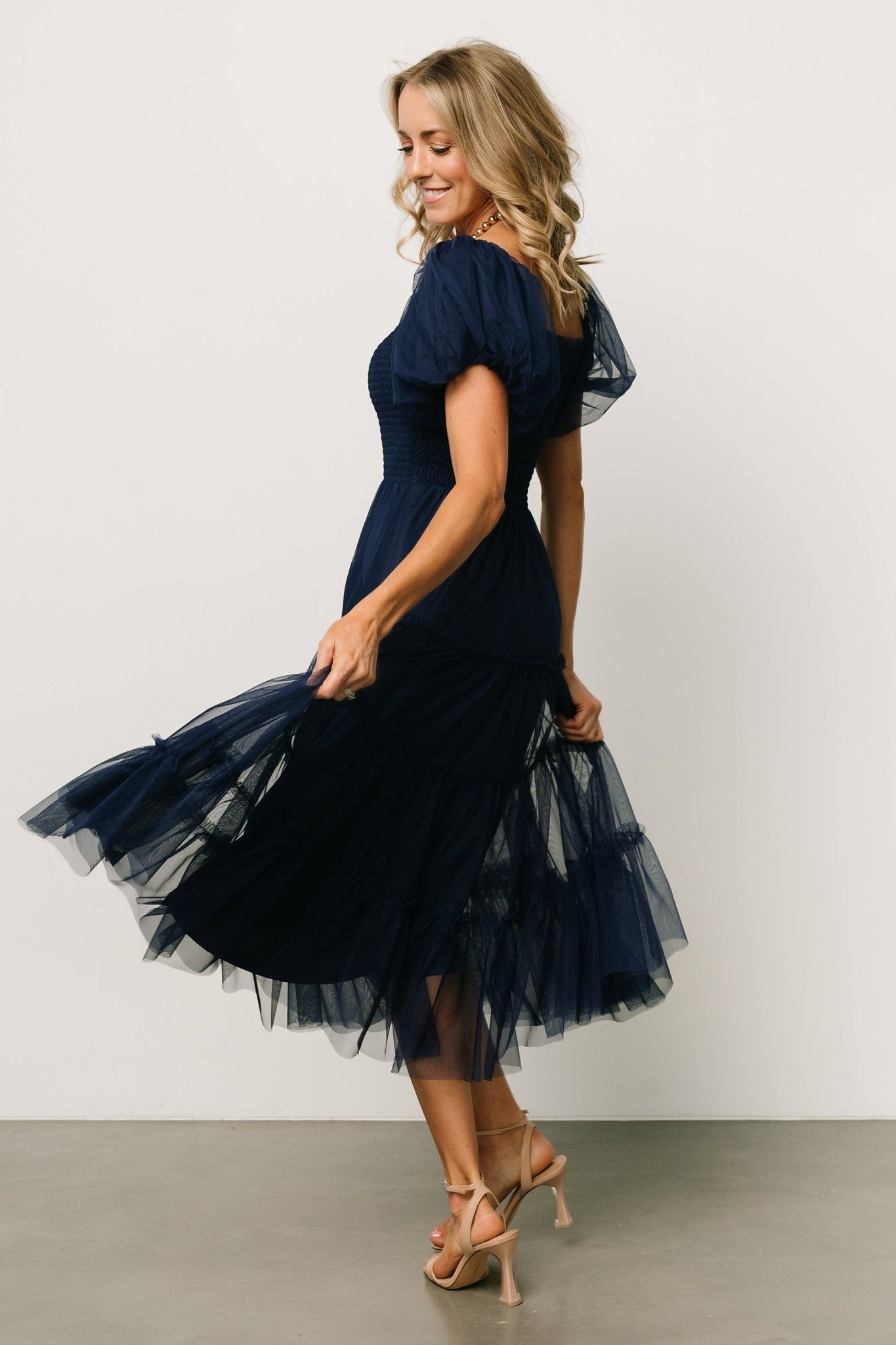 Liv Tulle Midi Dress Navy Smocked Ruffle | Baltic Born S Liv Tulle Midi Dress Navy Smocked Ruffle | Baltic Born S