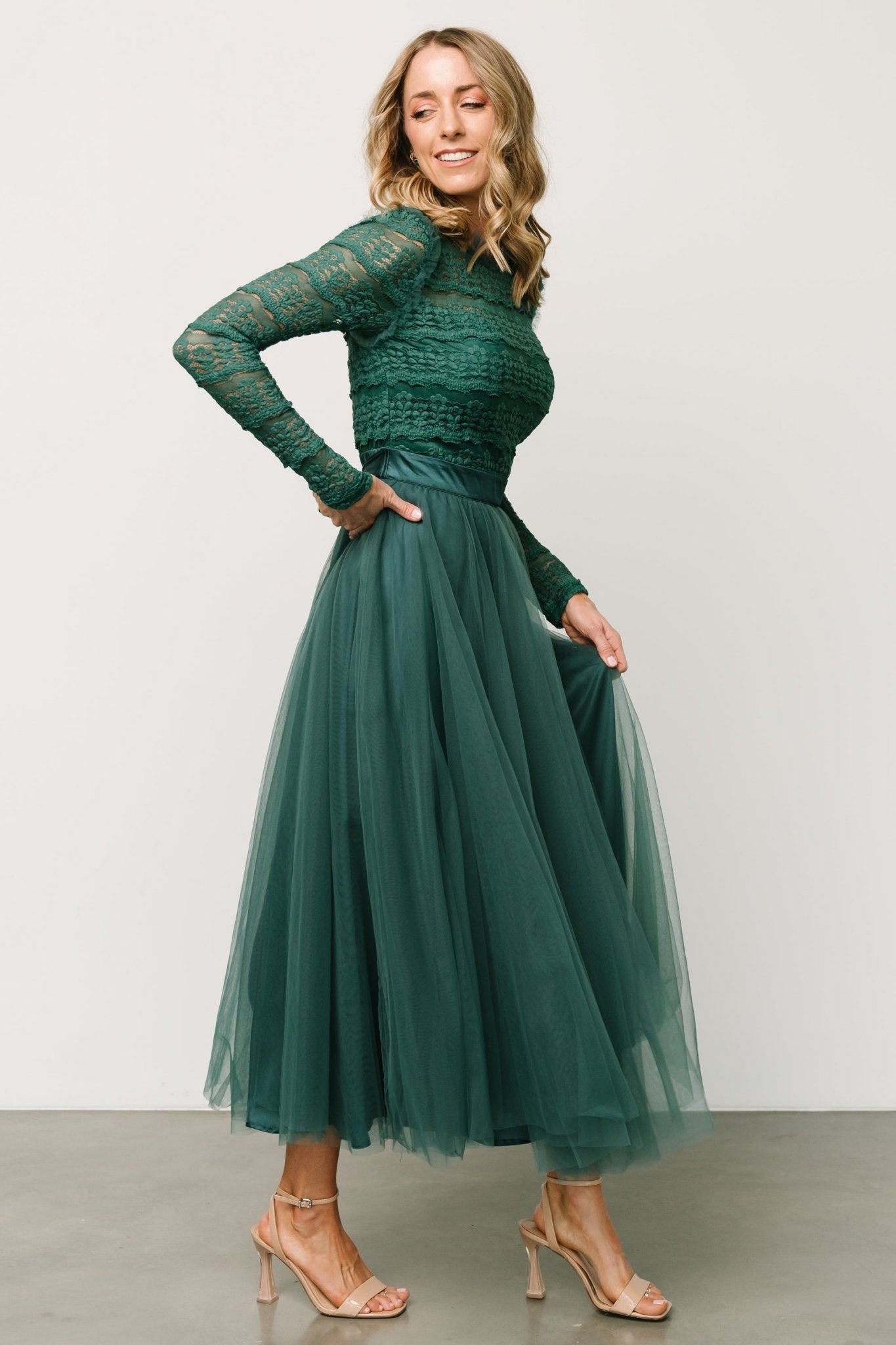 Taupe Laneese Cross Over Tulle Dress