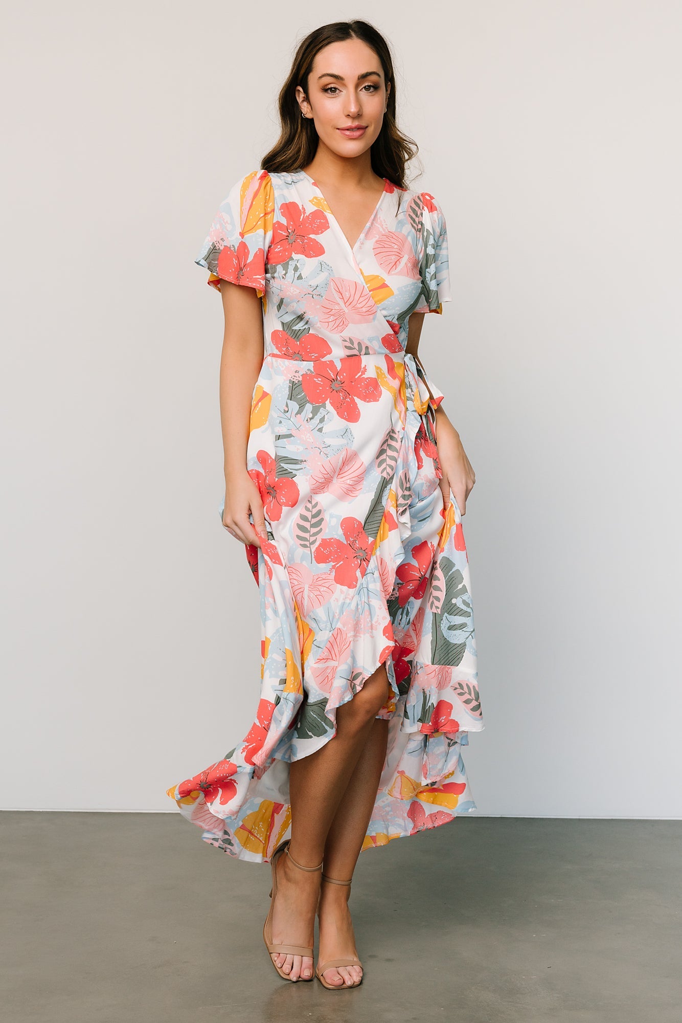 Lorelei Wrap Midi Dress | White Tropical Print | Baltic Born