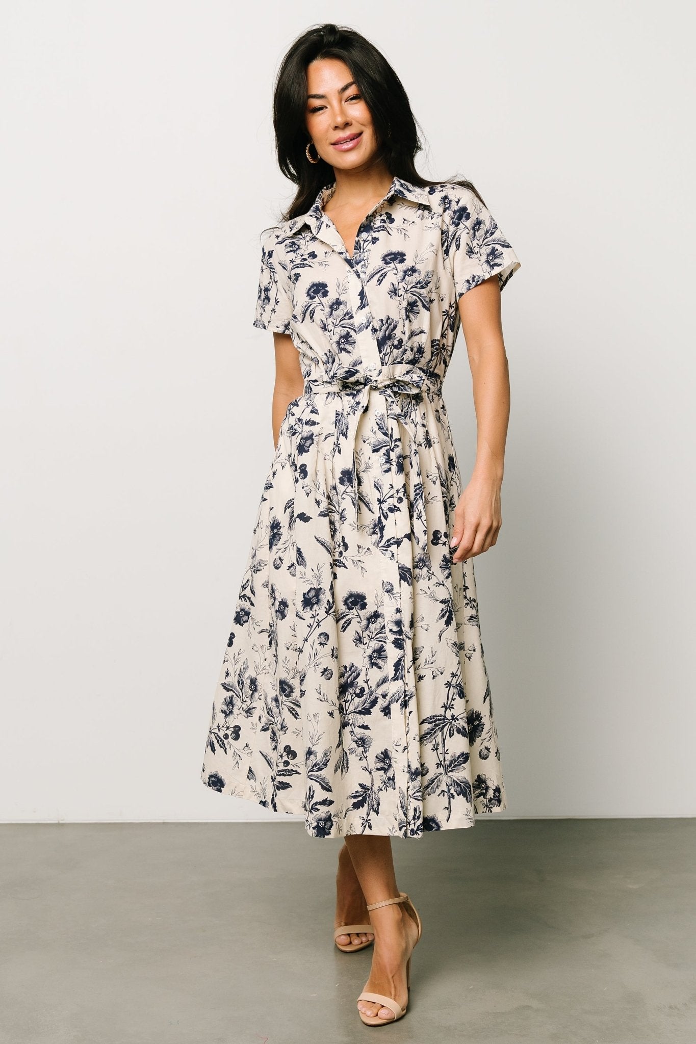 Lorna Midi Dress | Beige + Navy Print - Baltic Born